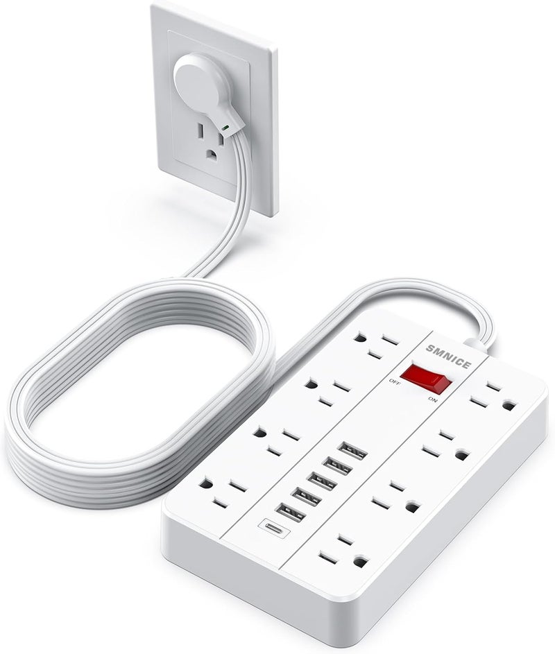 SMNICE Power Strip Surge Protector, Flat Plug Long Extension Cord 10 Ft with 8 Widely Spaced Outlets 6USB(1 USB C) Charging Station, Wall Mount for Dorm Home, Office Accessories,White - Image 1